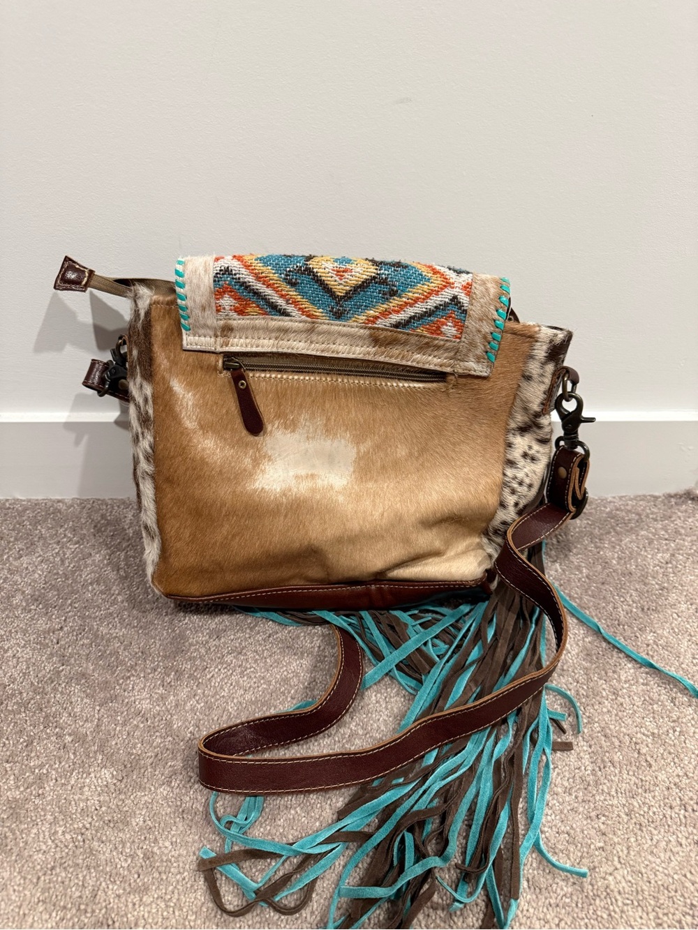 Myra Bag Turquoise & Brown Embroidered Fringe Crossbody - Picture 3 of 3